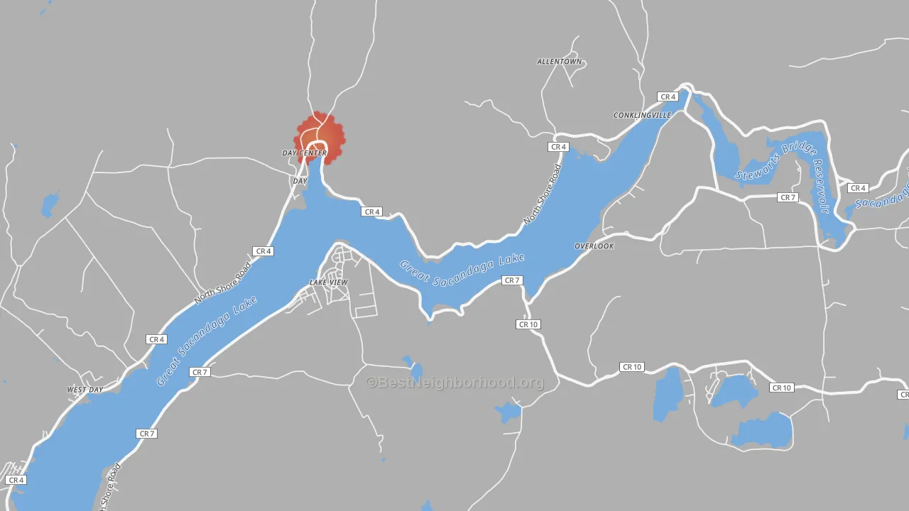 Walk Grade map of Overlook, NY, walkable areas in green and car-dependent areas in red