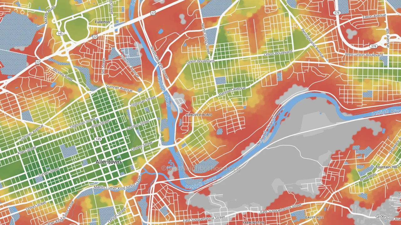 Walk Grade map of Overlook Park, Allentown, PA, walkable areas in green and car-dependent areas in red