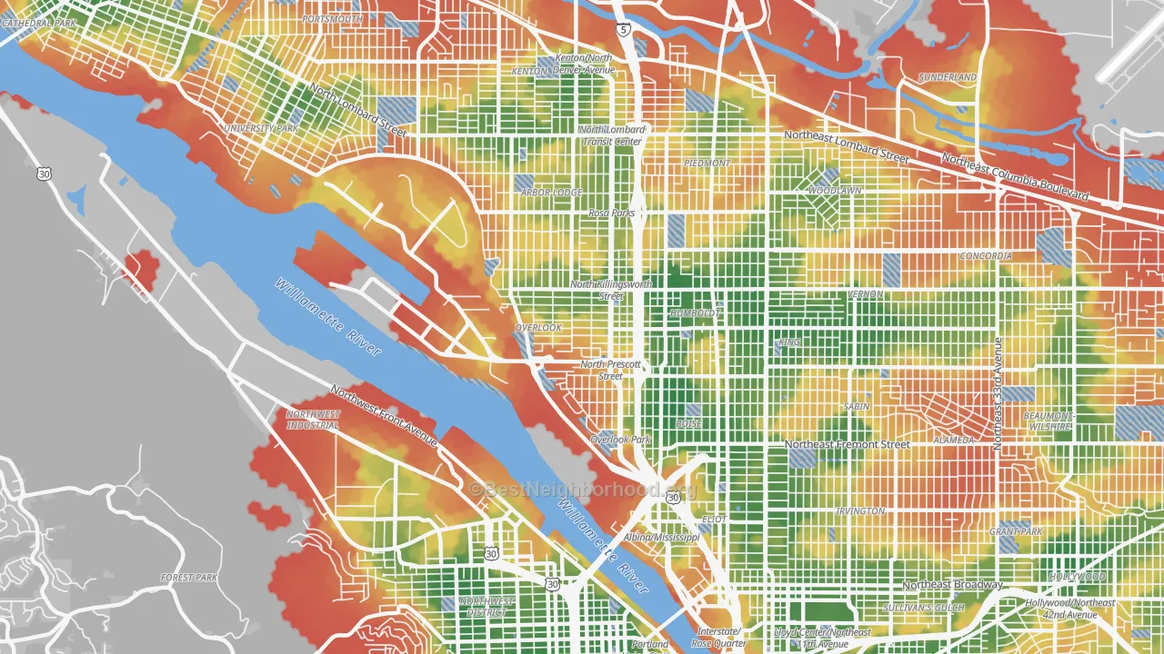 Walk Grade map of Overlook, Portland, OR, walkable areas in green and car-dependent areas in red
