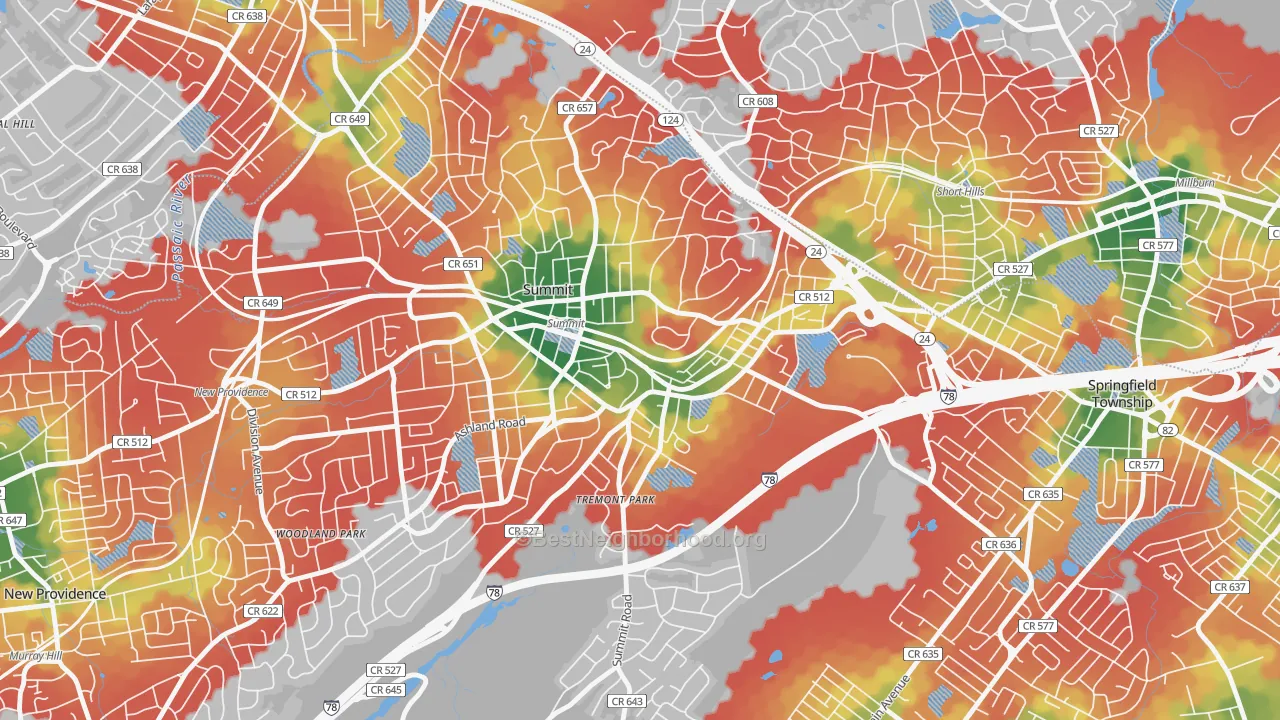 Walk Grade map of Overlook, Summit, NJ, walkable areas in green and car-dependent areas in red
