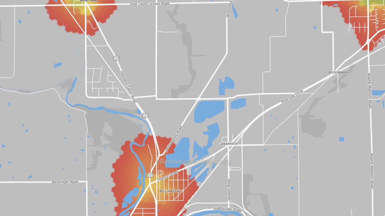 Walk Grade map of Overpeck, OH, walkable areas in green and car-dependent areas in red