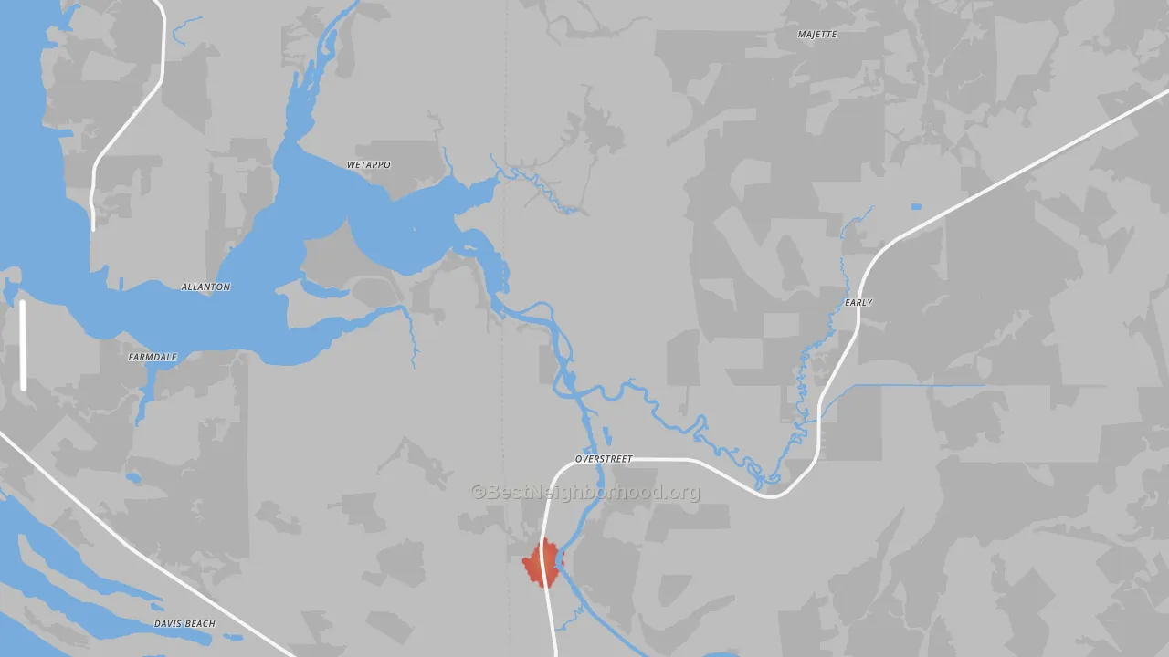 Walk Grade map of Overstreet, FL, walkable areas in green and car-dependent areas in red