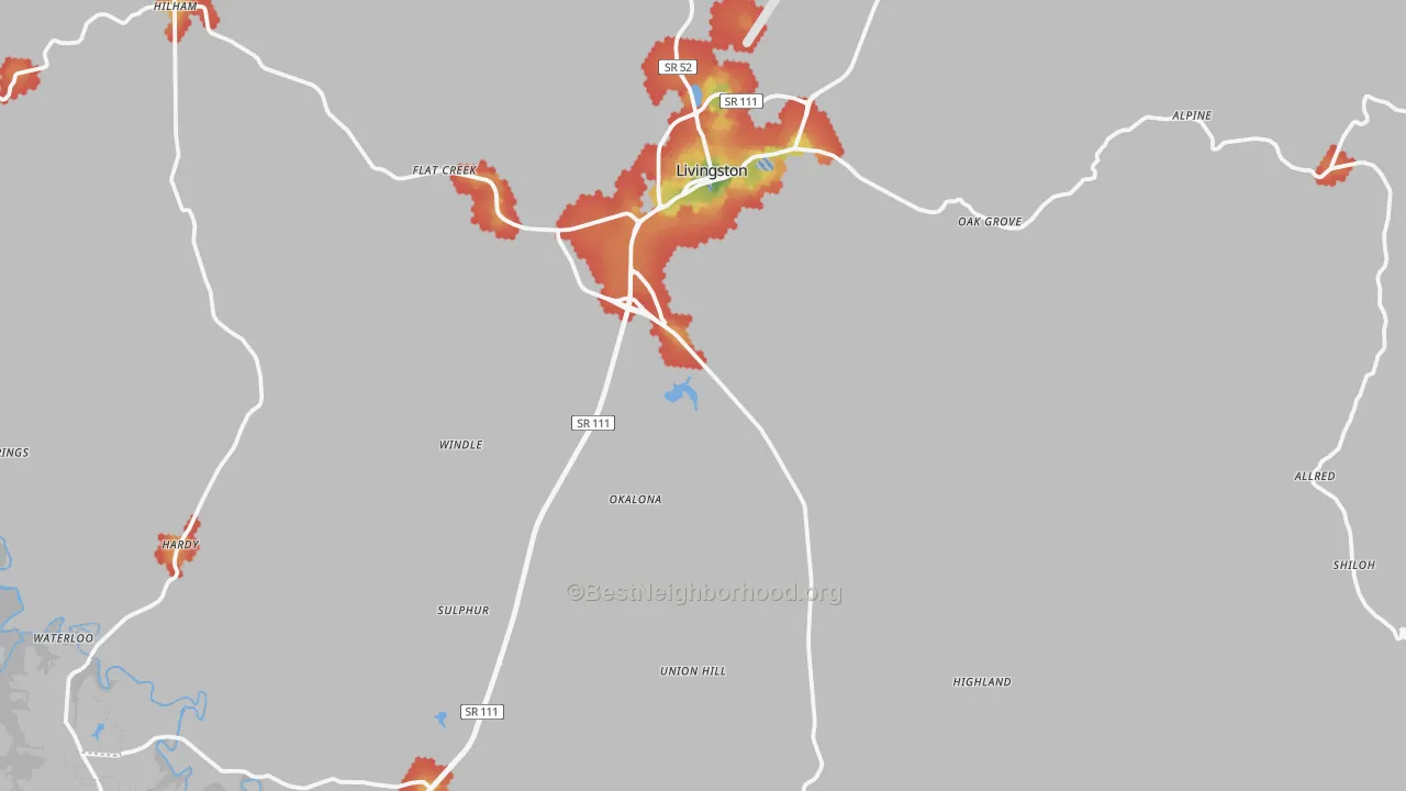 Walk Grade map of Overton County, TN, walkable areas in green and car-dependent areas in red