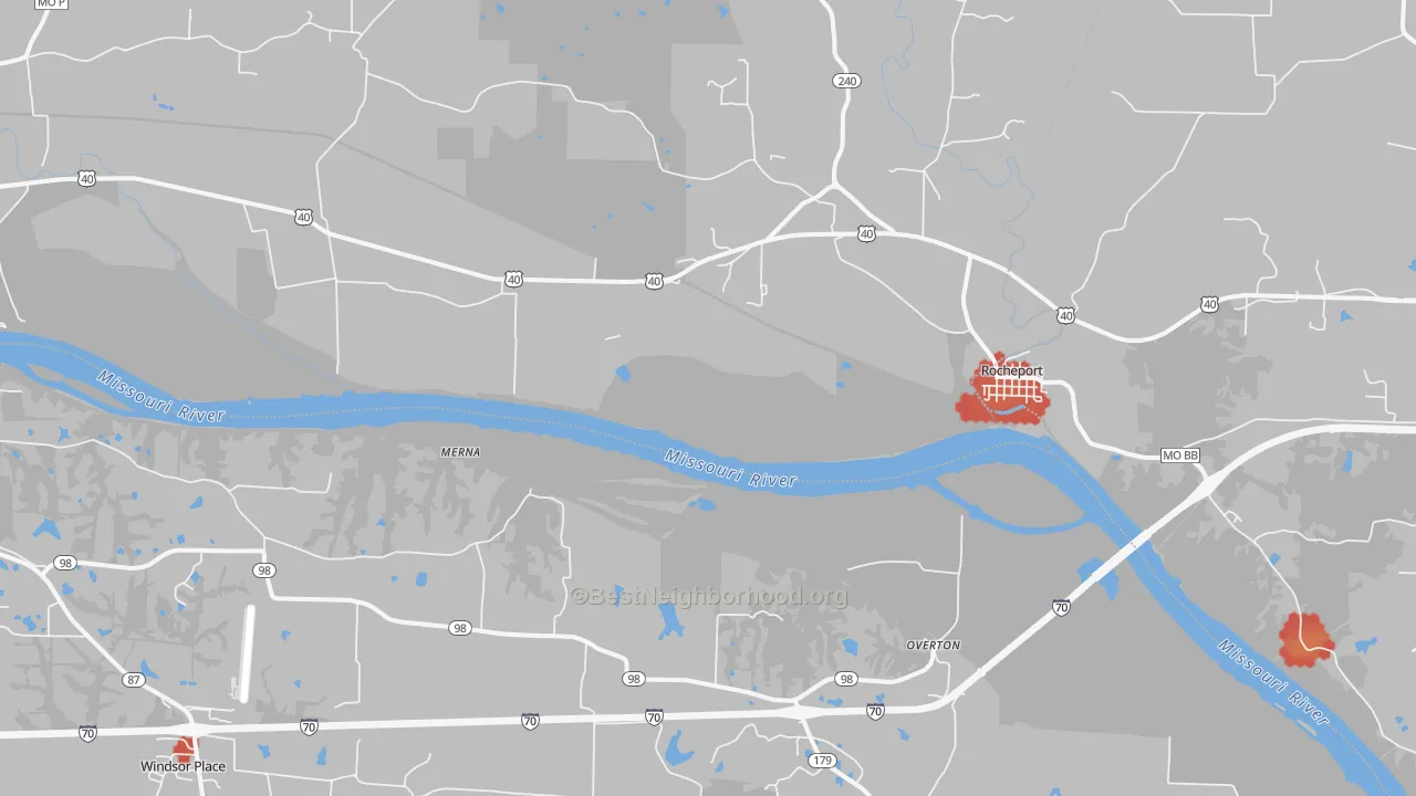 Walk Grade map of Overton, MO, walkable areas in green and car-dependent areas in red
