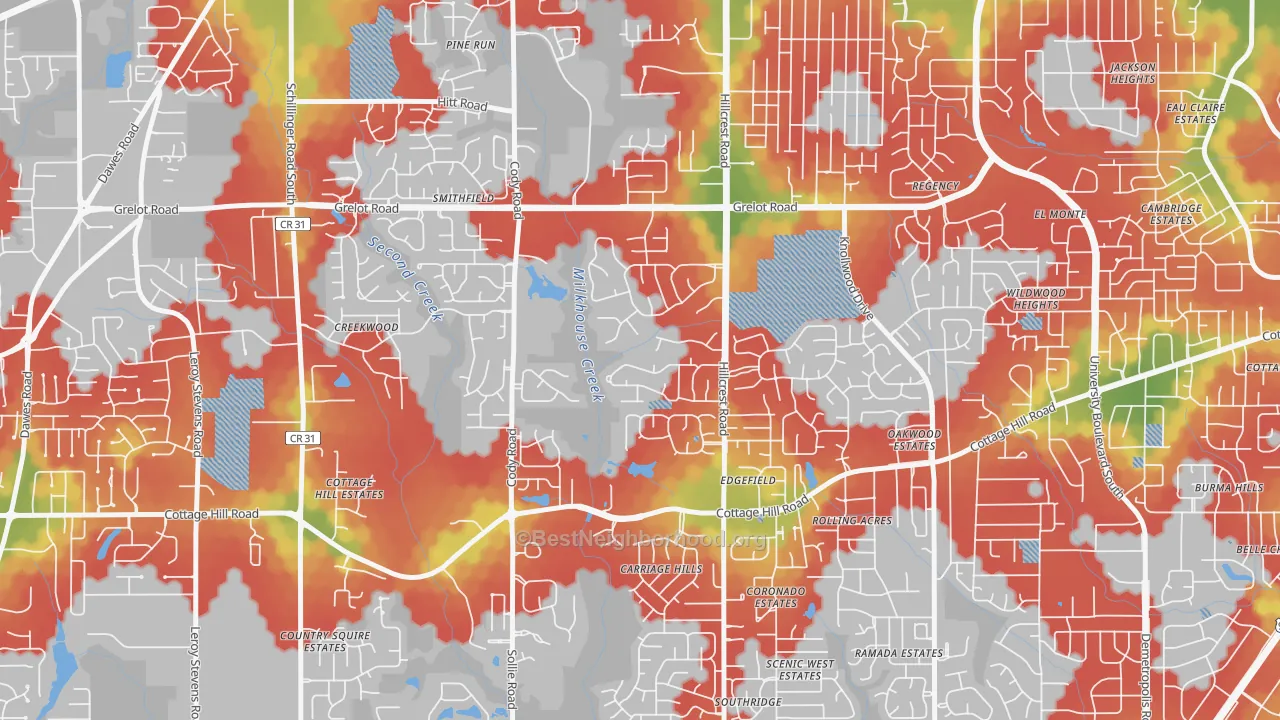 Walk Grade map of Overton, Mobile, AL, walkable areas in green and car-dependent areas in red