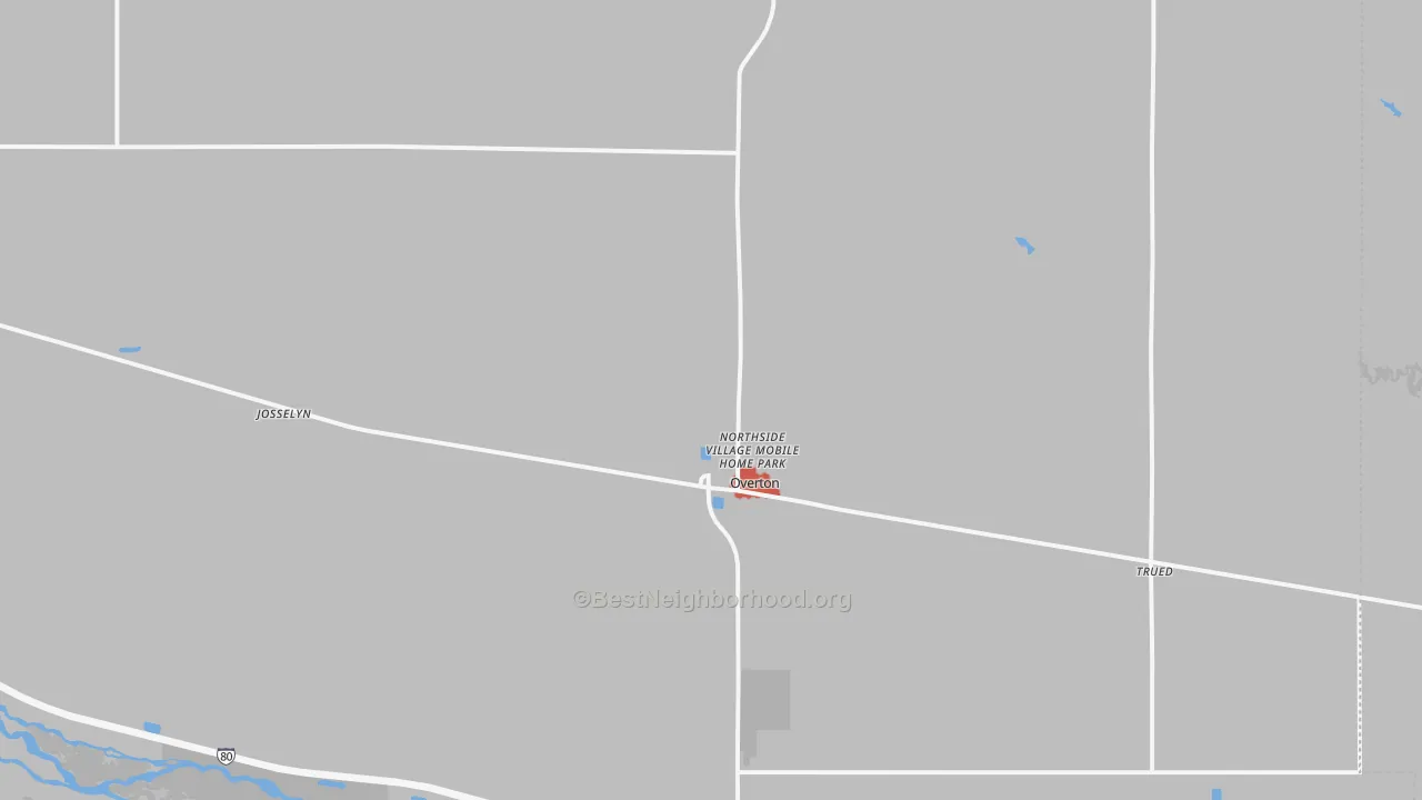 Walk Grade map of Overton, NE, walkable areas in green and car-dependent areas in red