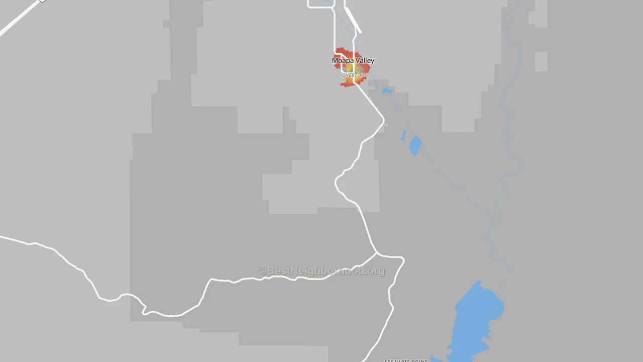 Walk Grade map of Overton, NV, walkable areas in green and car-dependent areas in red