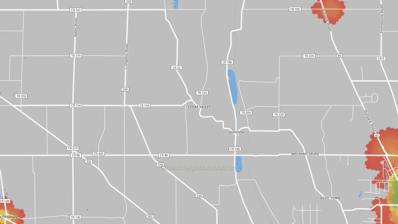 Walk Grade map of Overton, OH, walkable areas in green and car-dependent areas in red