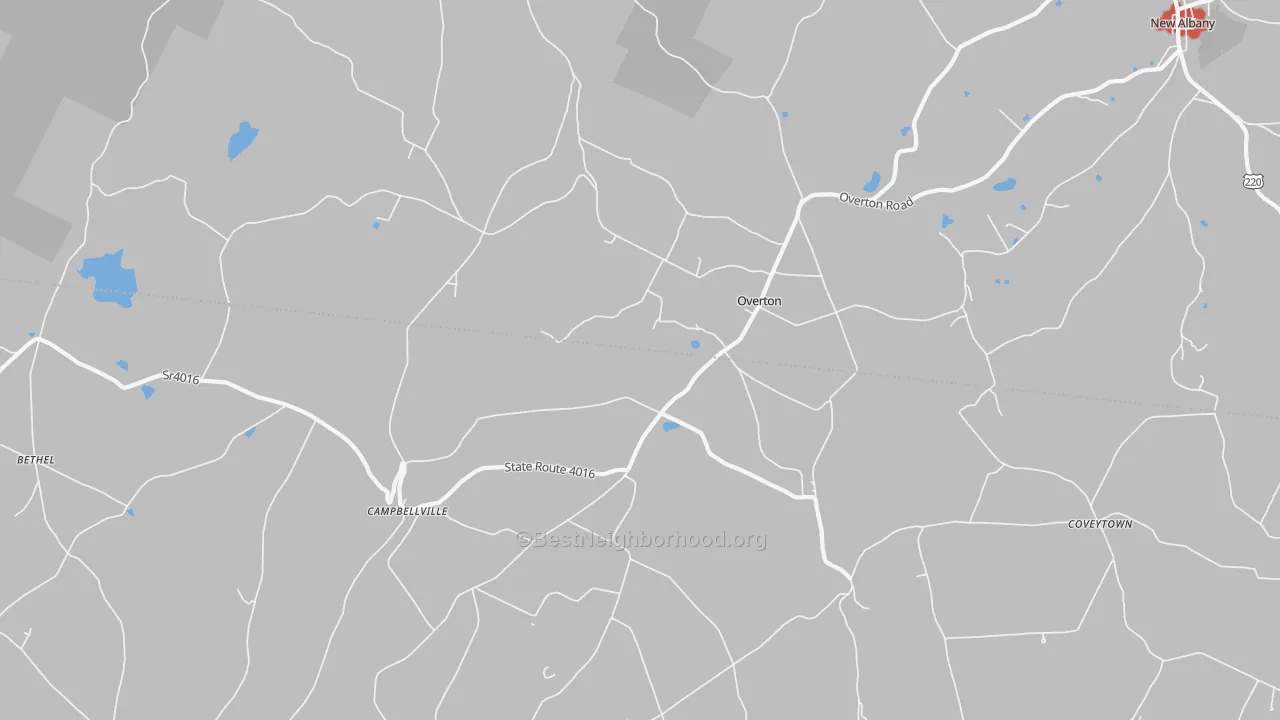 Walk Grade map of Overton, PA, walkable areas in green and car-dependent areas in red