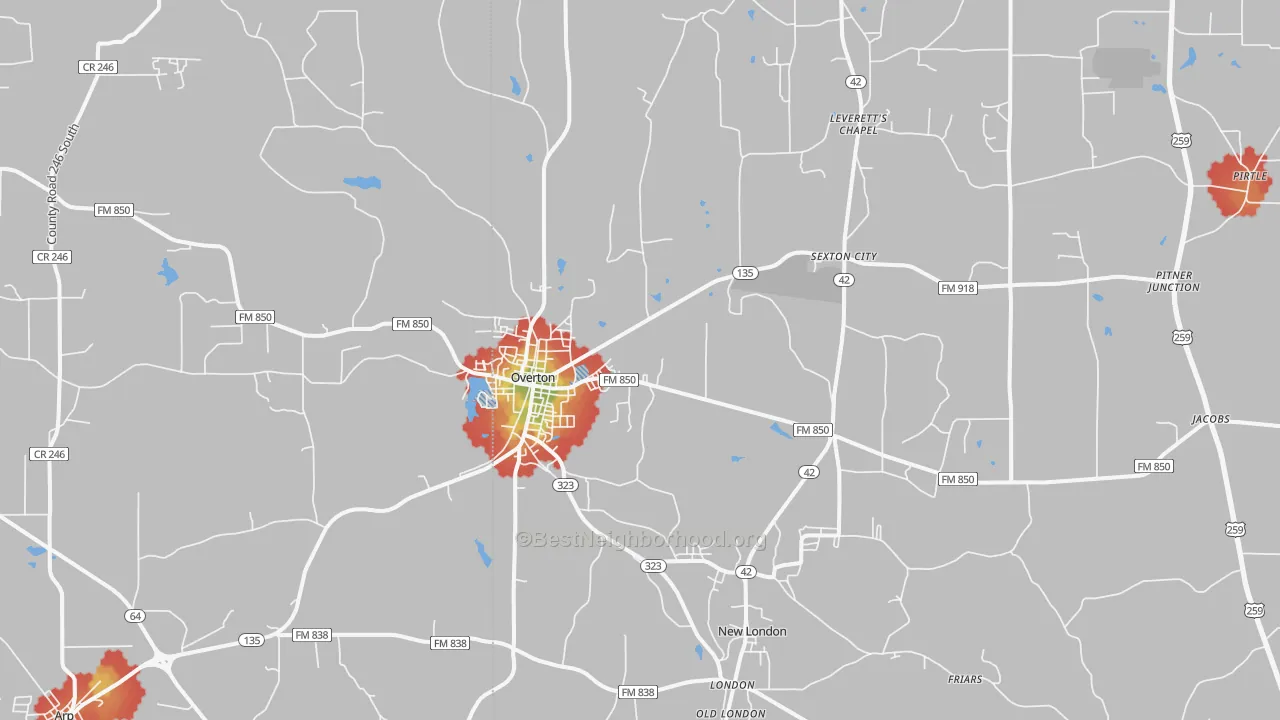 Walk Grade map of Overton, TX, walkable areas in green and car-dependent areas in red