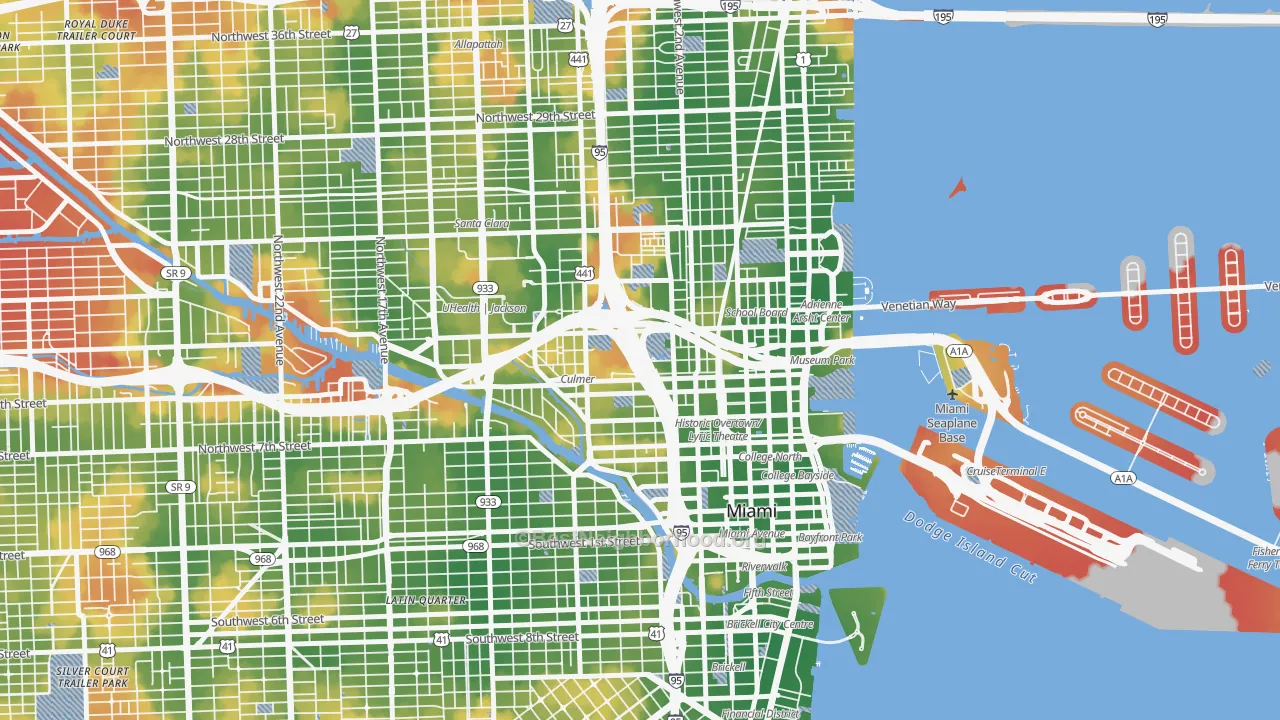 Walk Grade map of Overtown, Miami, FL, walkable areas in green and car-dependent areas in red