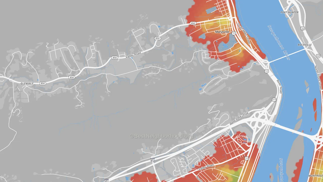 Walk Grade map of Overview, PA, walkable areas in green and car-dependent areas in red