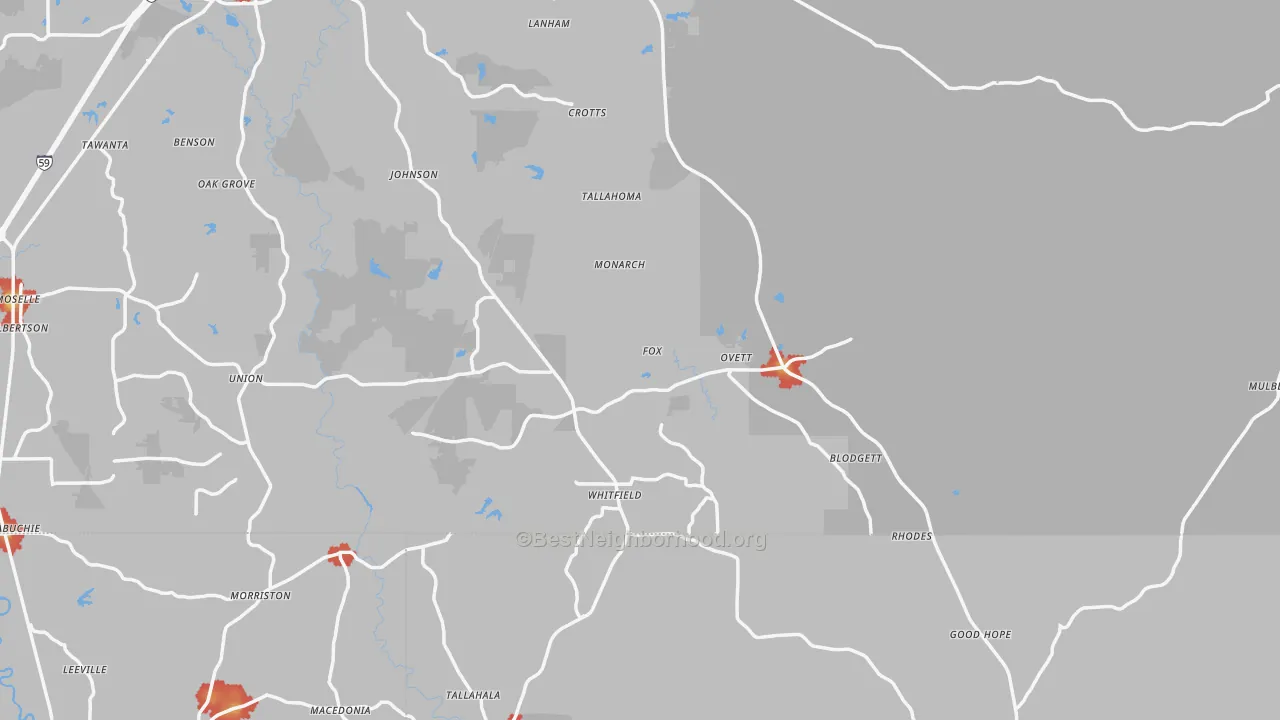 Walk Grade map of Ovett, MS, walkable areas in green and car-dependent areas in red