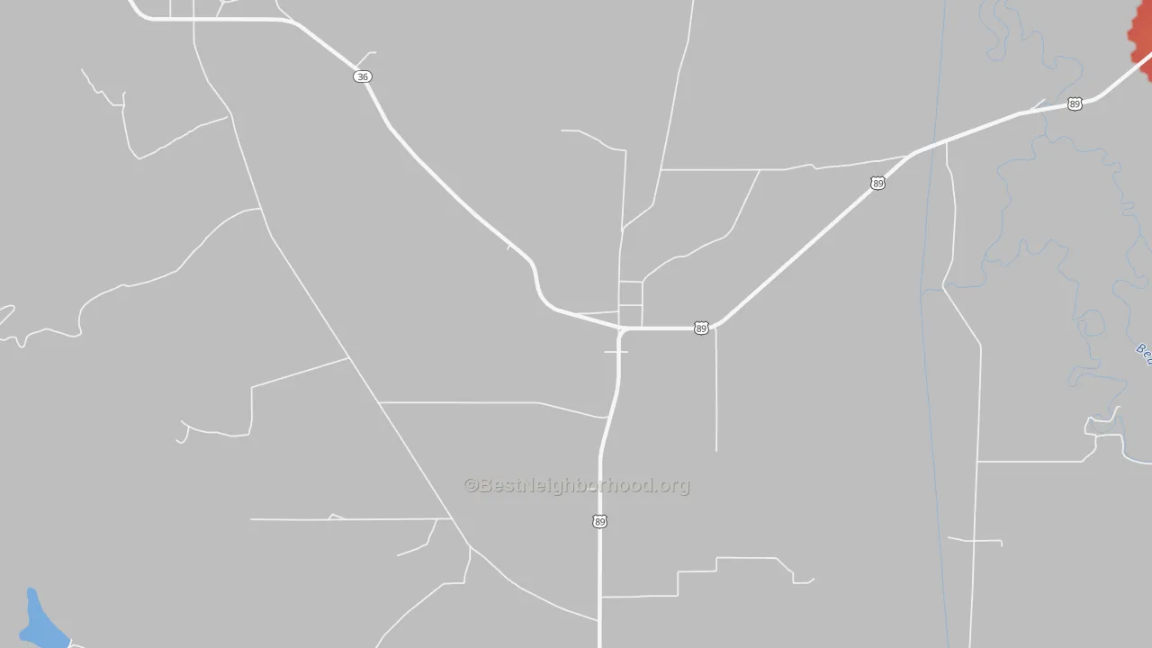 Walk Grade map of Ovid, ID, walkable areas in green and car-dependent areas in red