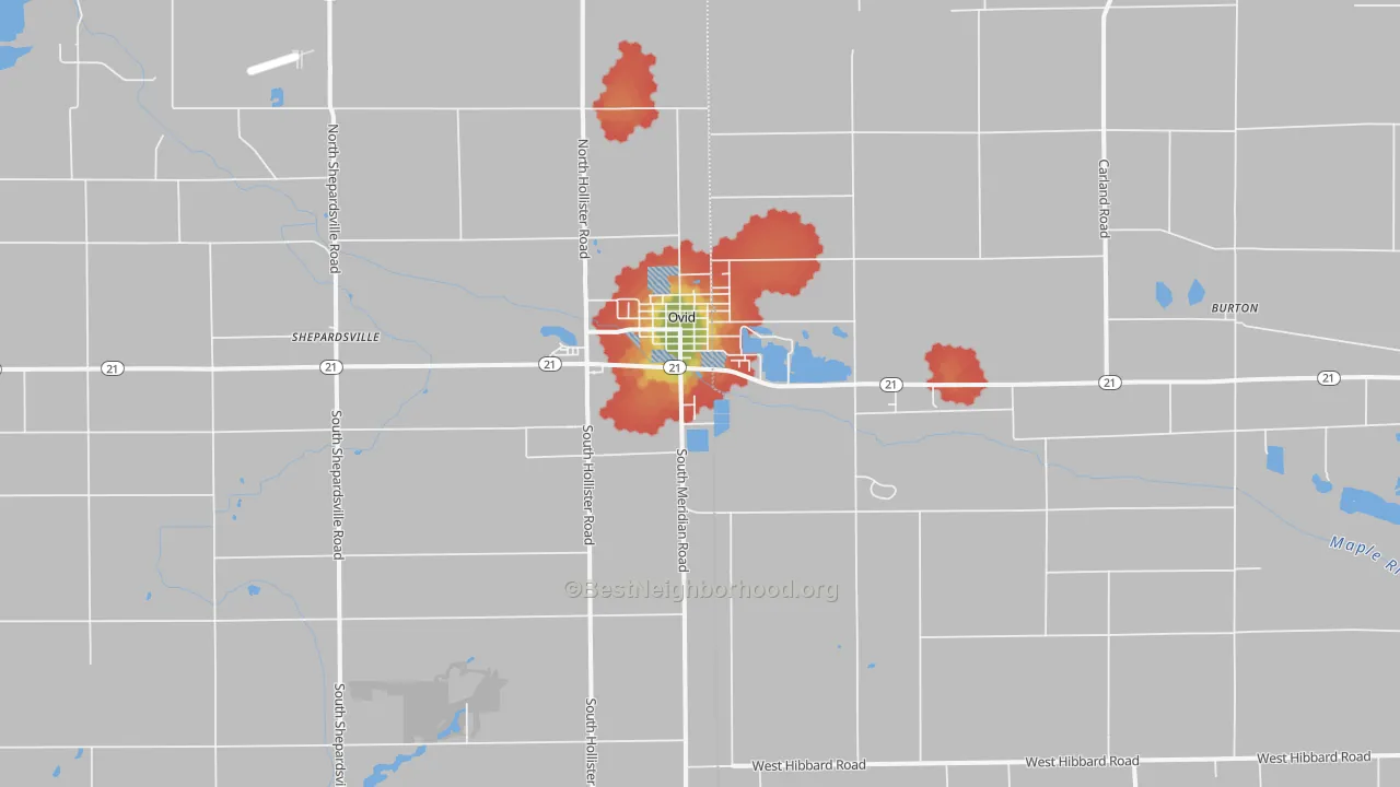 Walk Grade map of Ovid, MI, walkable areas in green and car-dependent areas in red