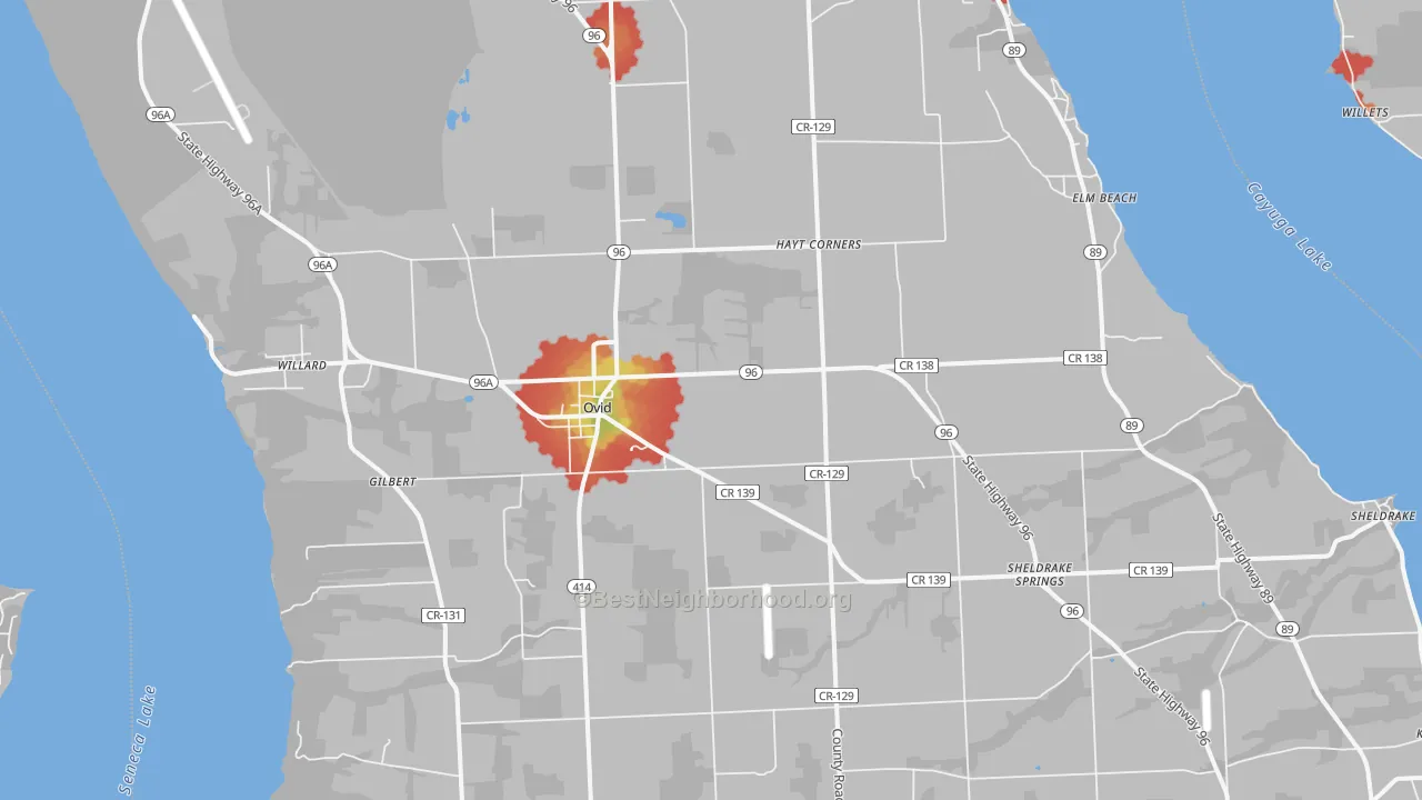 Walk Grade map of Ovid, NY, walkable areas in green and car-dependent areas in red