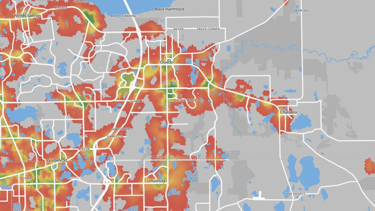 Walk Grade map of Oviedo, FL, walkable areas in green and car-dependent areas in red