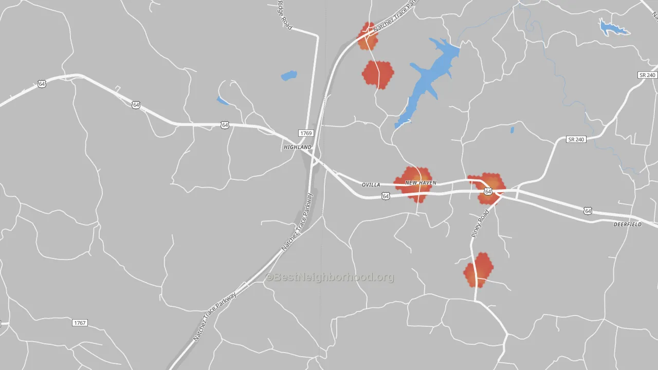 Walk Grade map of Ovilla, TN, walkable areas in green and car-dependent areas in red