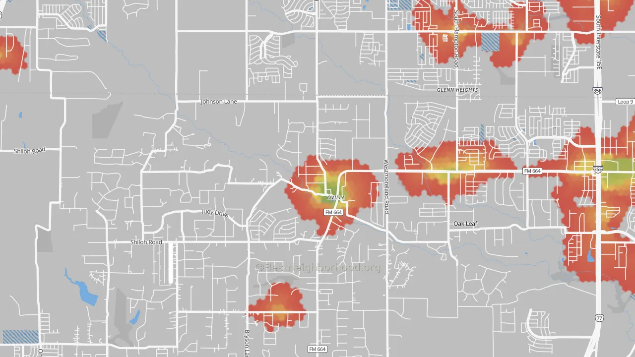 Walk Grade map of Ovilla, TX, walkable areas in green and car-dependent areas in red