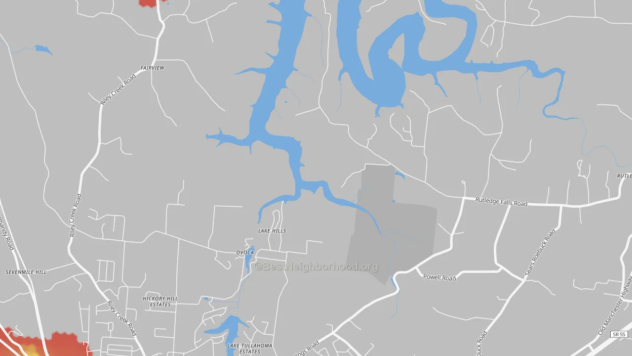 Walk Grade map of Ovoca, TN, walkable areas in green and car-dependent areas in red