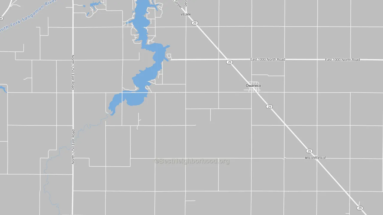 Walk Grade map of Owaneco, IL, walkable areas in green and car-dependent areas in red