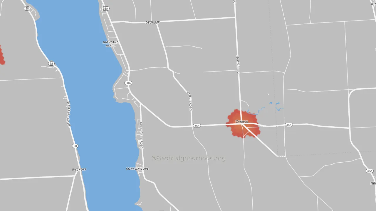 Walk Grade map of Owasco, NY, walkable areas in green and car-dependent areas in red