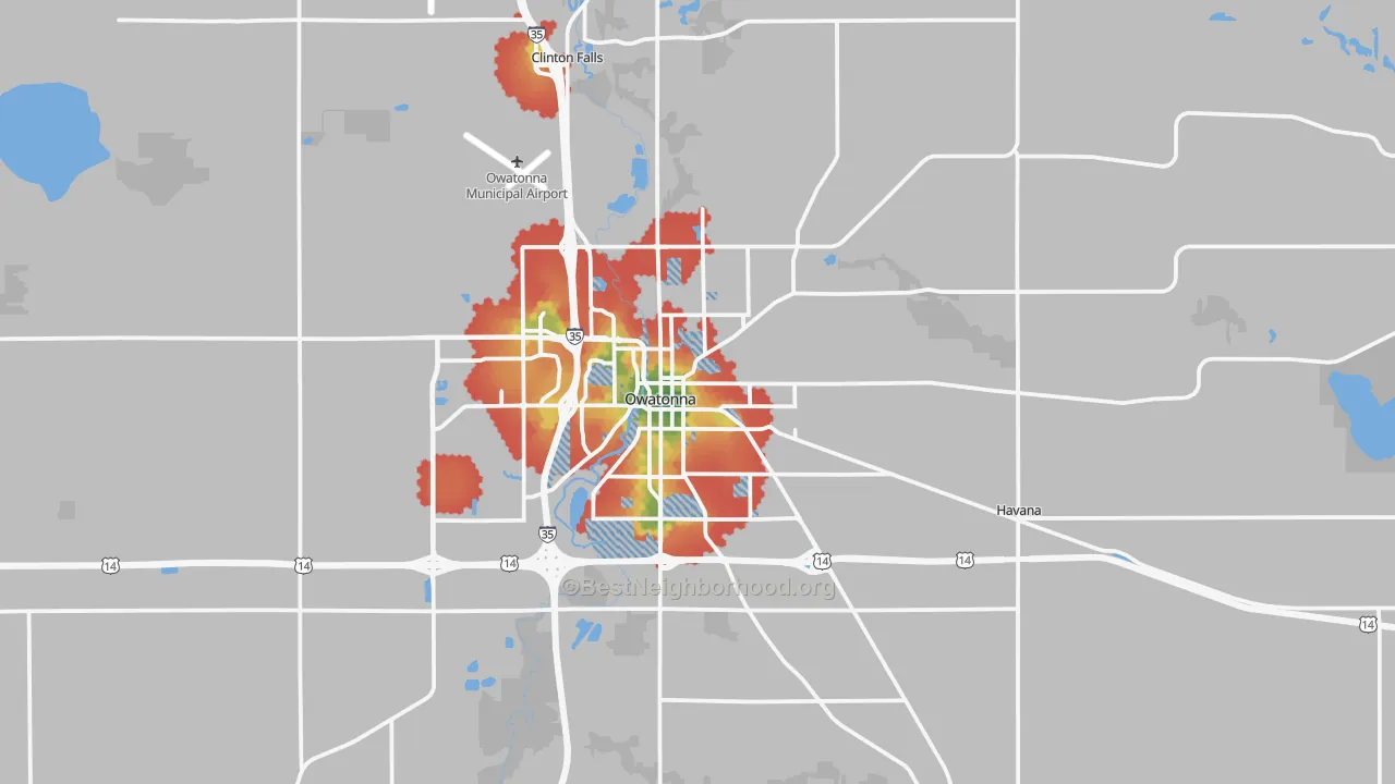 Walk Grade map of Owatonna, MN, walkable areas in green and car-dependent areas in red