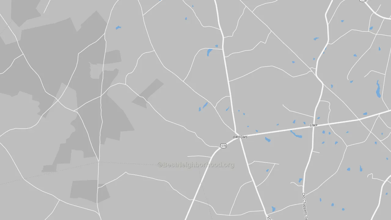 Walk Grade map of Owdoms, SC, walkable areas in green and car-dependent areas in red