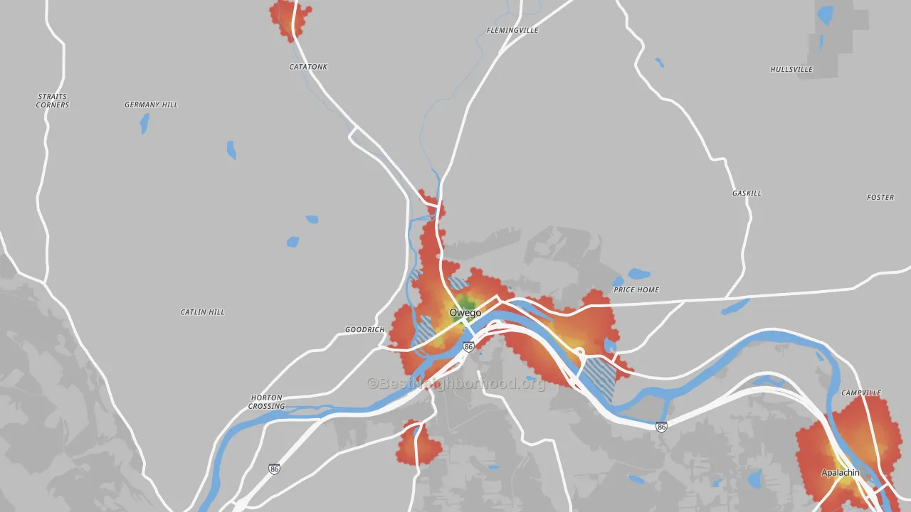 Walk Grade map of Owego, NY, walkable areas in green and car-dependent areas in red