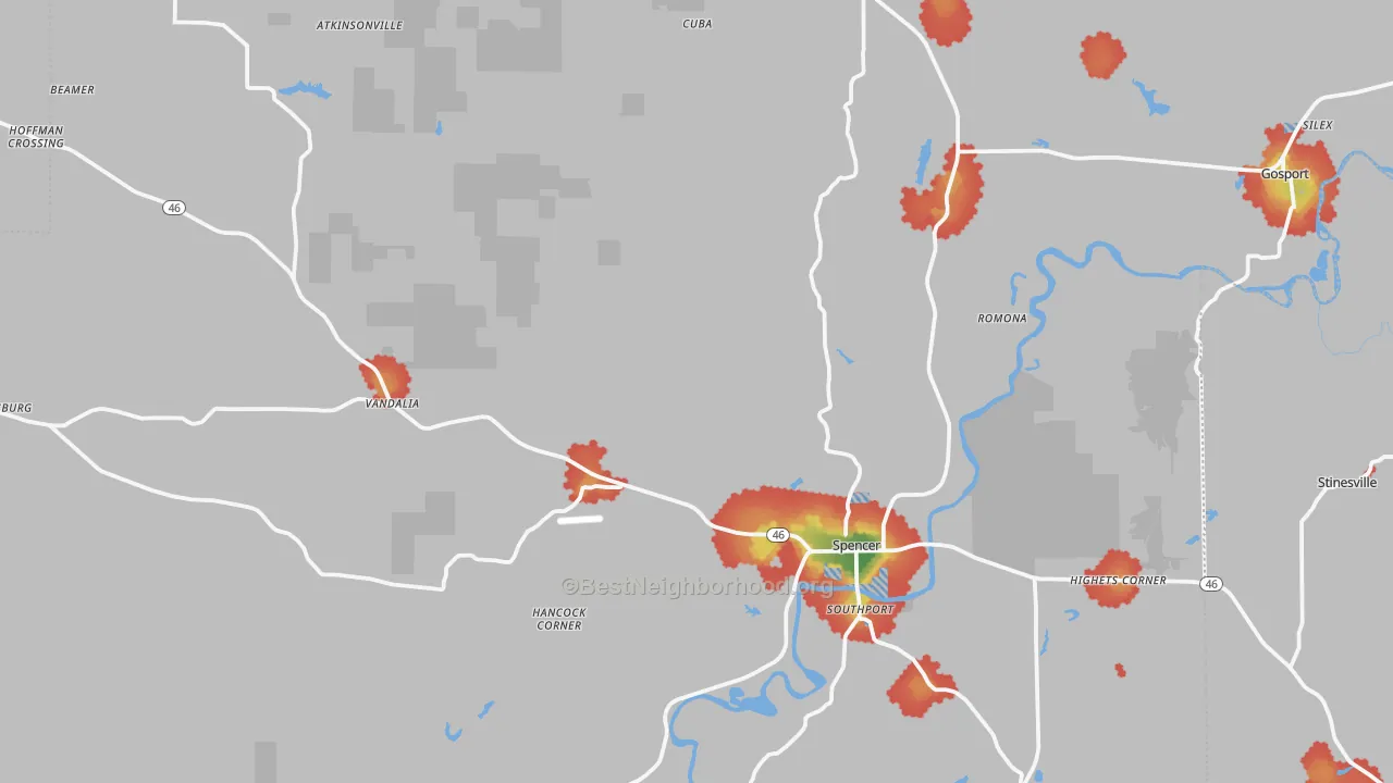 Walk Grade map of Owen County, IN, walkable areas in green and car-dependent areas in red