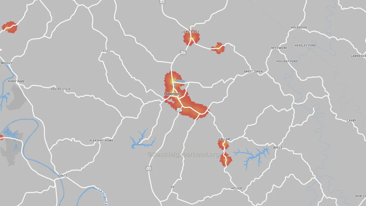 Walk Grade map of Owen County, KY, walkable areas in green and car-dependent areas in red