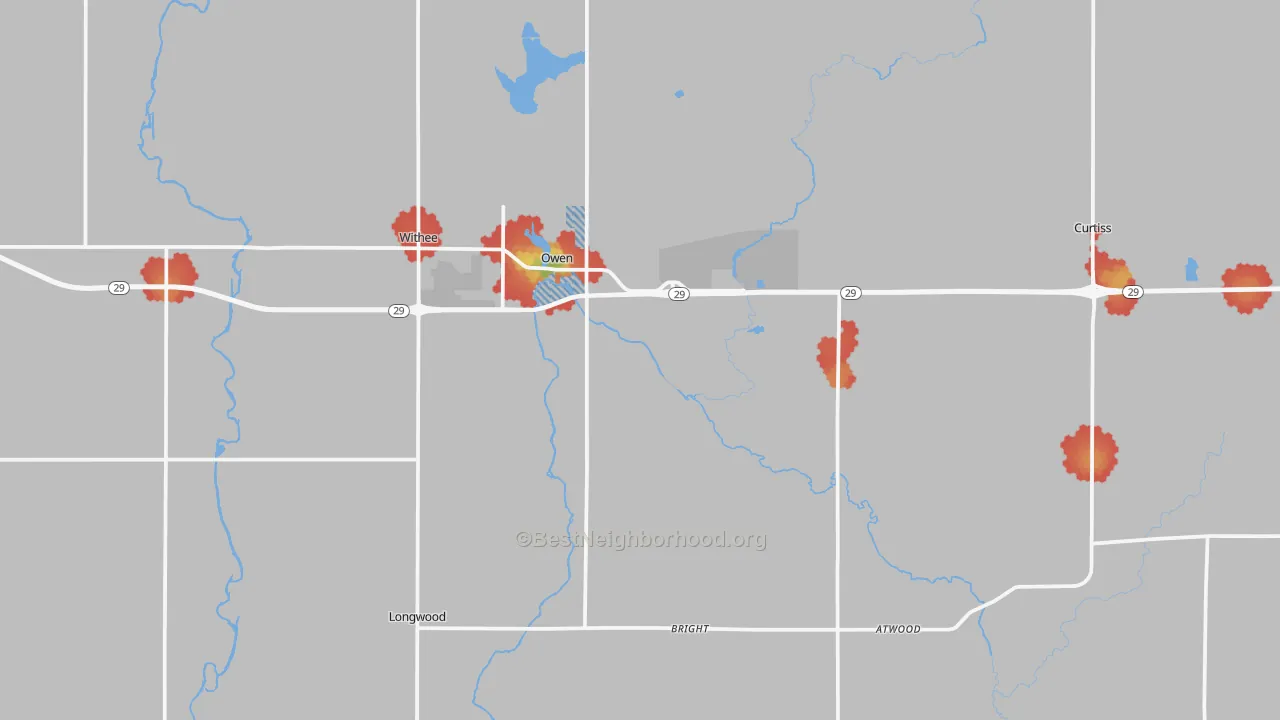 Walk Grade map of Owen, WI, walkable areas in green and car-dependent areas in red
