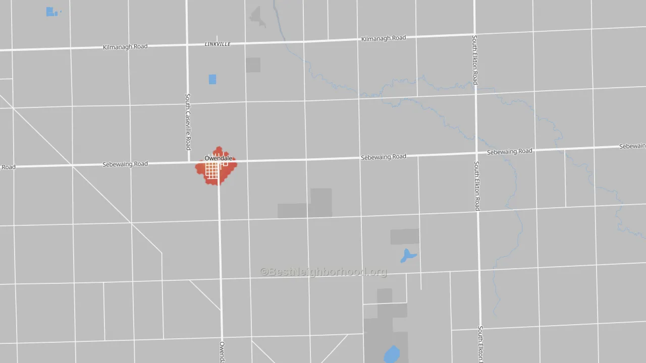 Walk Grade map of Owendale, MI, walkable areas in green and car-dependent areas in red