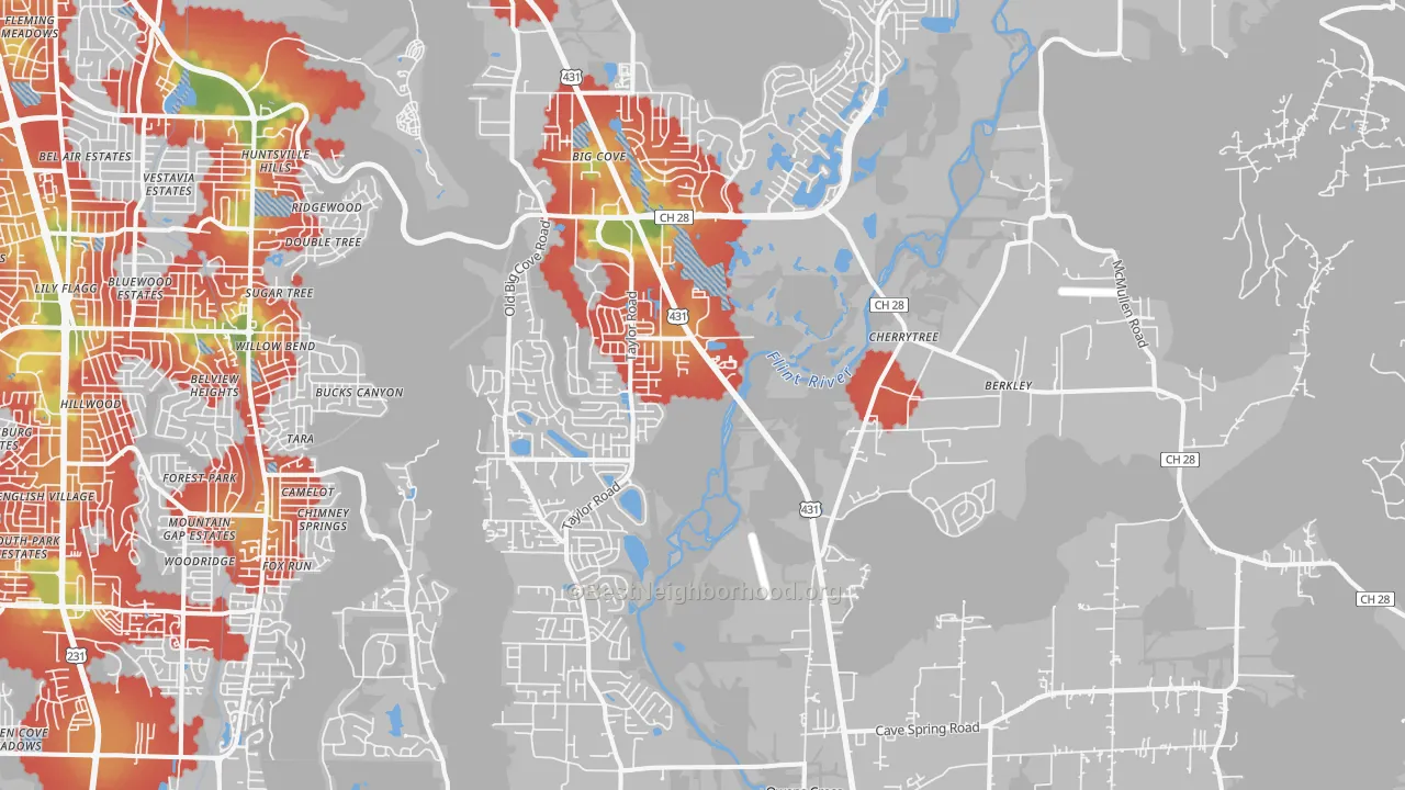 Walk Grade map of Owens Cross Roads, AL, walkable areas in green and car-dependent areas in red