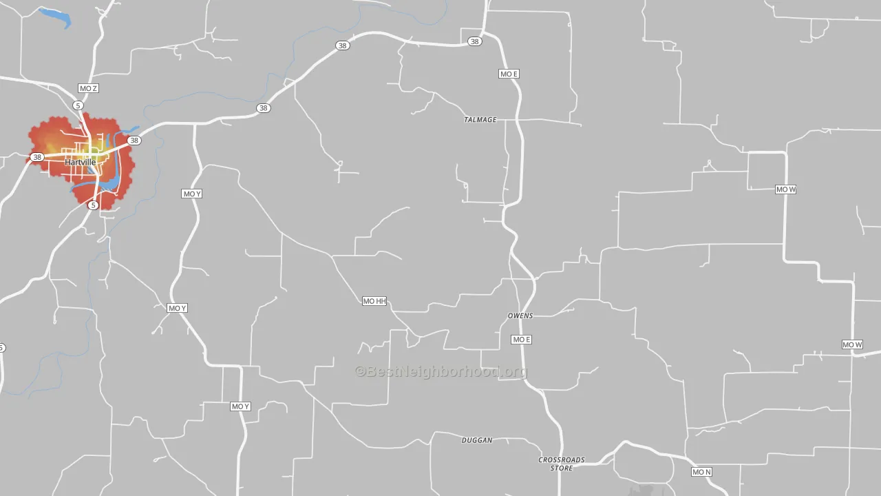 Walk Grade map of Owens, MO, walkable areas in green and car-dependent areas in red