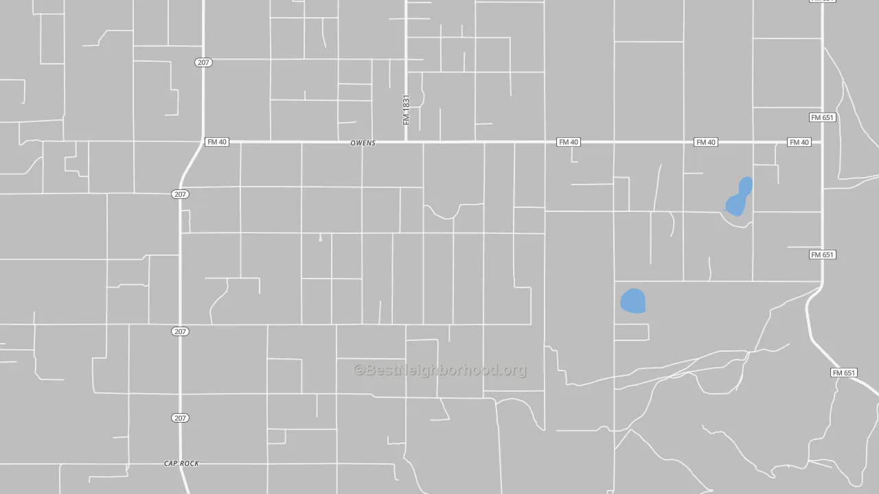 Walk Grade map of Owens, TX, walkable areas in green and car-dependent areas in red