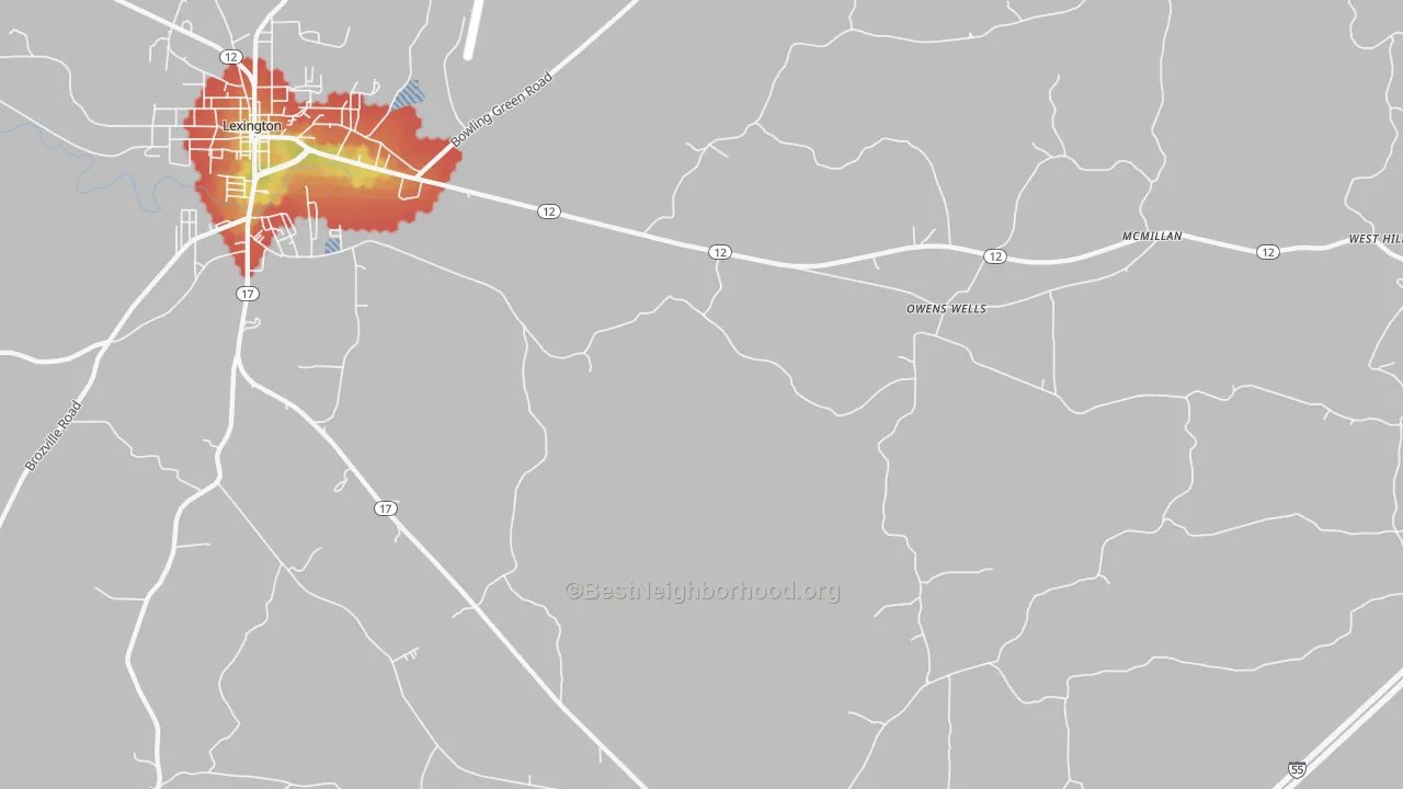 Walk Grade map of Owens Wells, MS, walkable areas in green and car-dependent areas in red