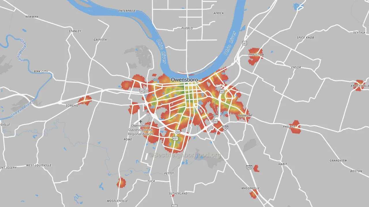 Walk Grade map of Owensboro, KY, walkable areas in green and car-dependent areas in red