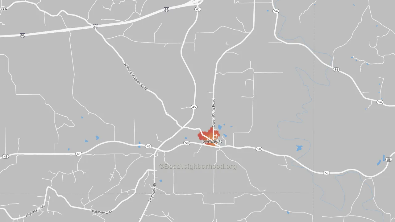Walk Grade map of Owensburg, IN, walkable areas in green and car-dependent areas in red