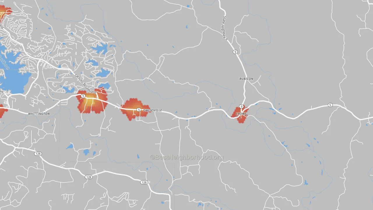 Walk Grade map of Owensville, AR, walkable areas in green and car-dependent areas in red