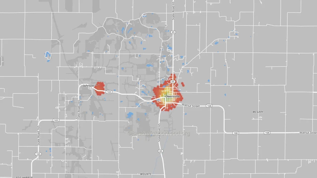 Walk Grade map of Owensville, IN, walkable areas in green and car-dependent areas in red