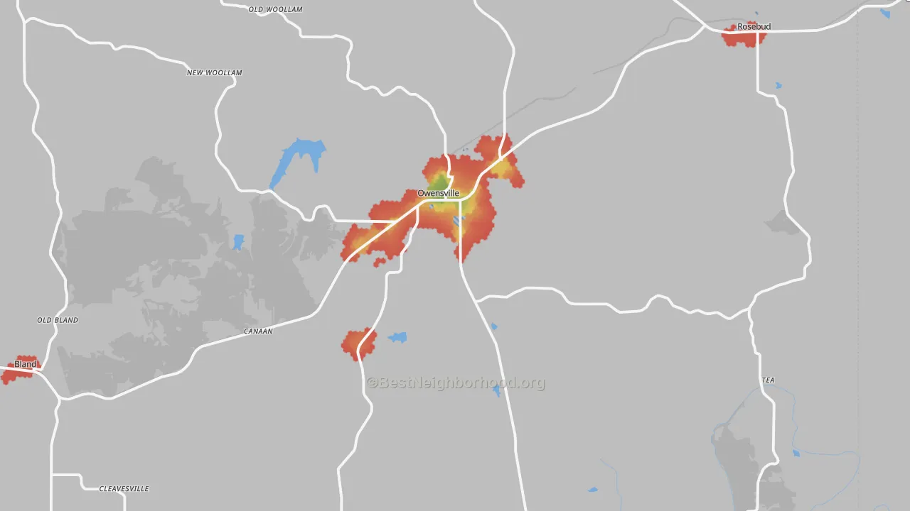 Walk Grade map of Owensville, MO, walkable areas in green and car-dependent areas in red