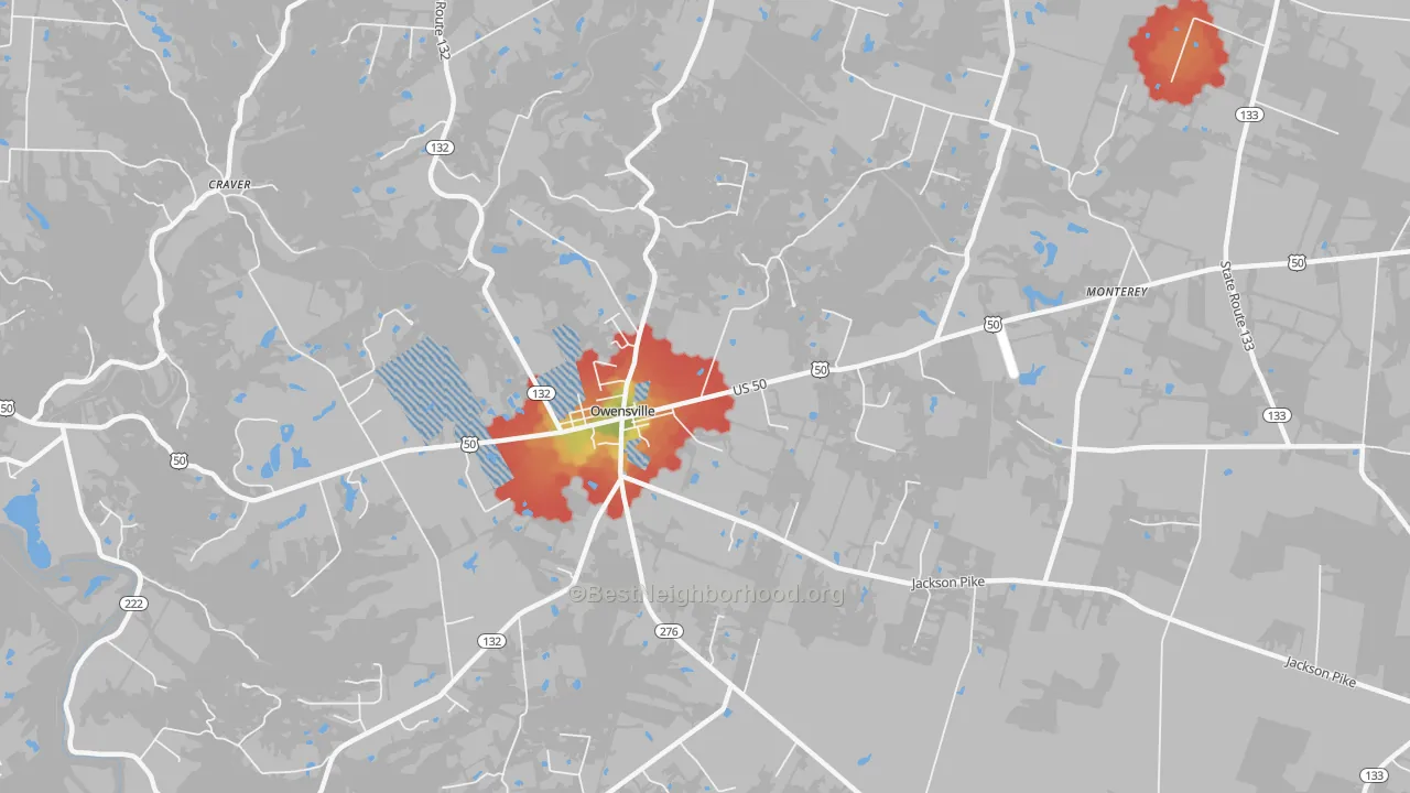 Walk Grade map of Owensville, OH, walkable areas in green and car-dependent areas in red