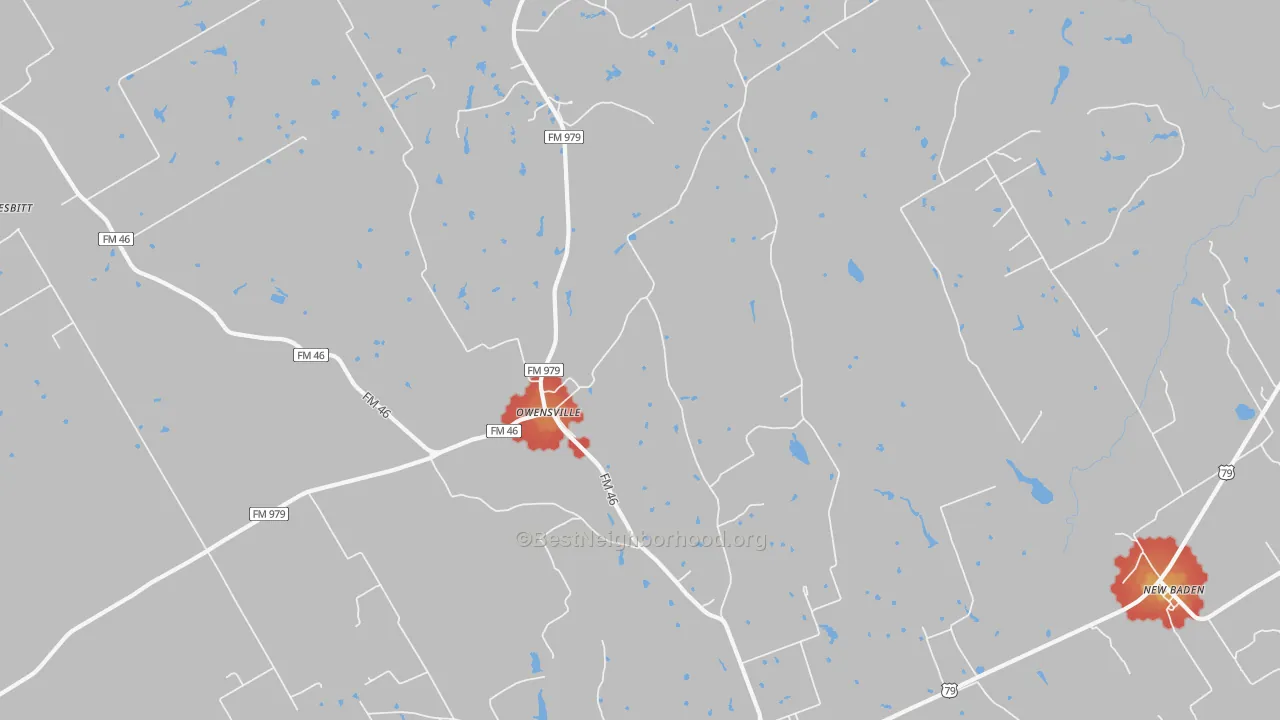 Walk Grade map of Owensville, TX, walkable areas in green and car-dependent areas in red