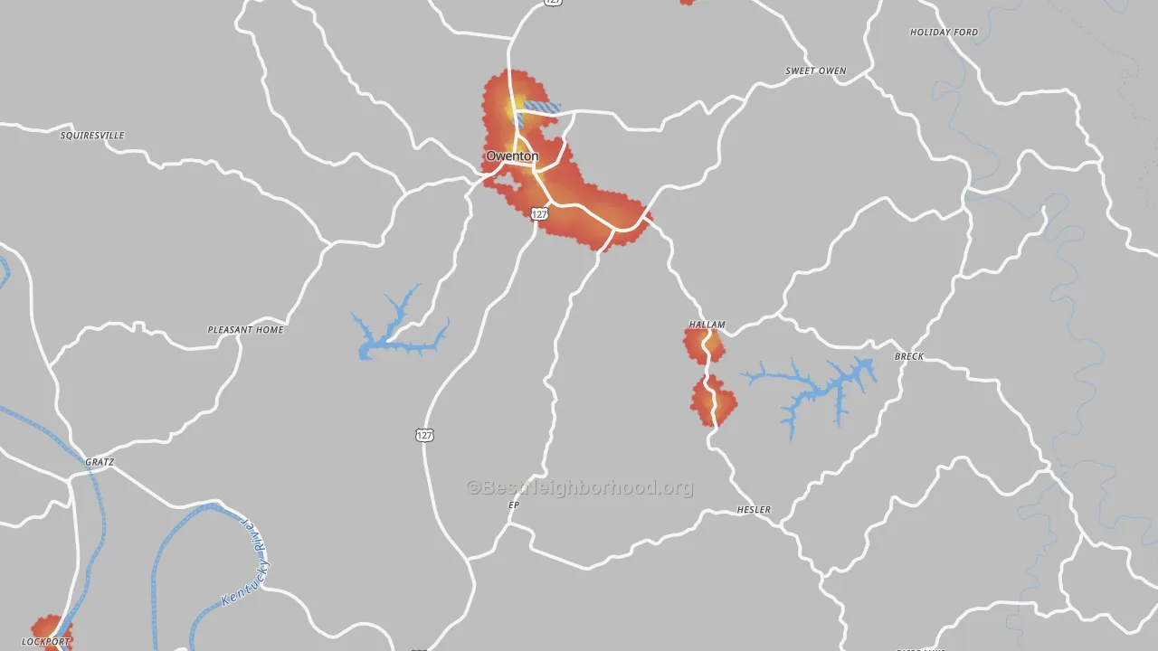 Walk Grade map of Owenton, KY, walkable areas in green and car-dependent areas in red
