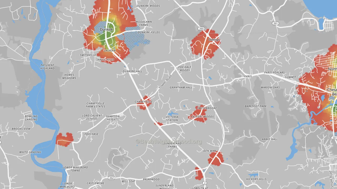 Walk Grade map of Owings, MD, walkable areas in green and car-dependent areas in red