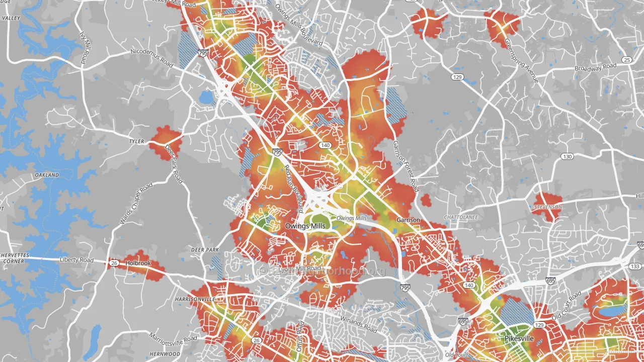Walk Grade map of Owings Mills, MD, walkable areas in green and car-dependent areas in red