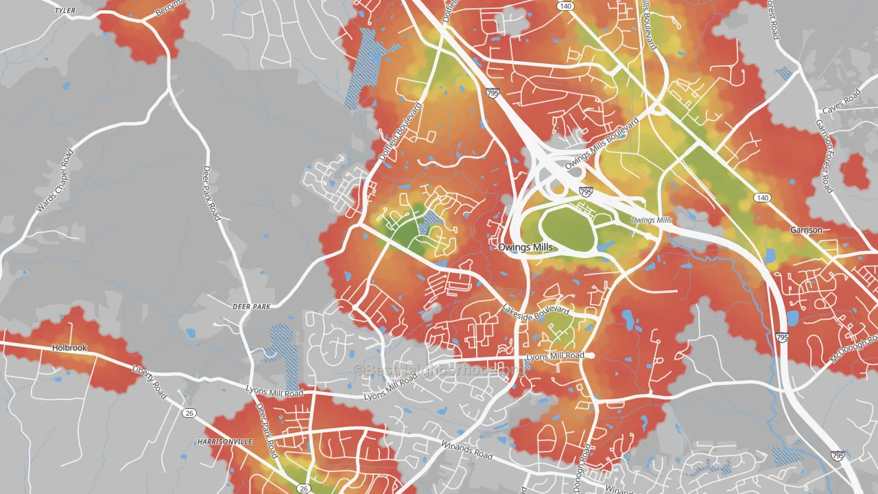 Walk Grade map of Owings Mills New Town, Owings Mills, MD, walkable areas in green and car-dependent areas in red