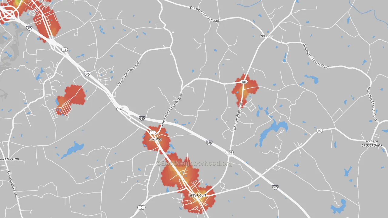 Walk Grade map of Owings, SC, walkable areas in green and car-dependent areas in red