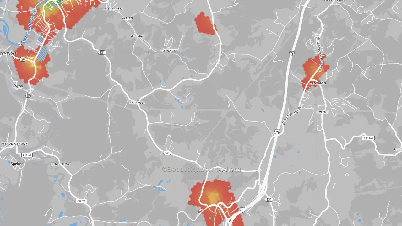 Walk Grade map of Owings, WV, walkable areas in green and car-dependent areas in red